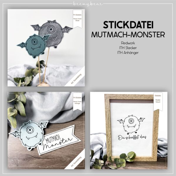 Stickdatei - MUTMACH MONSTER Redwork, ITH-Stecker, ITH-Anhänger [Digital]