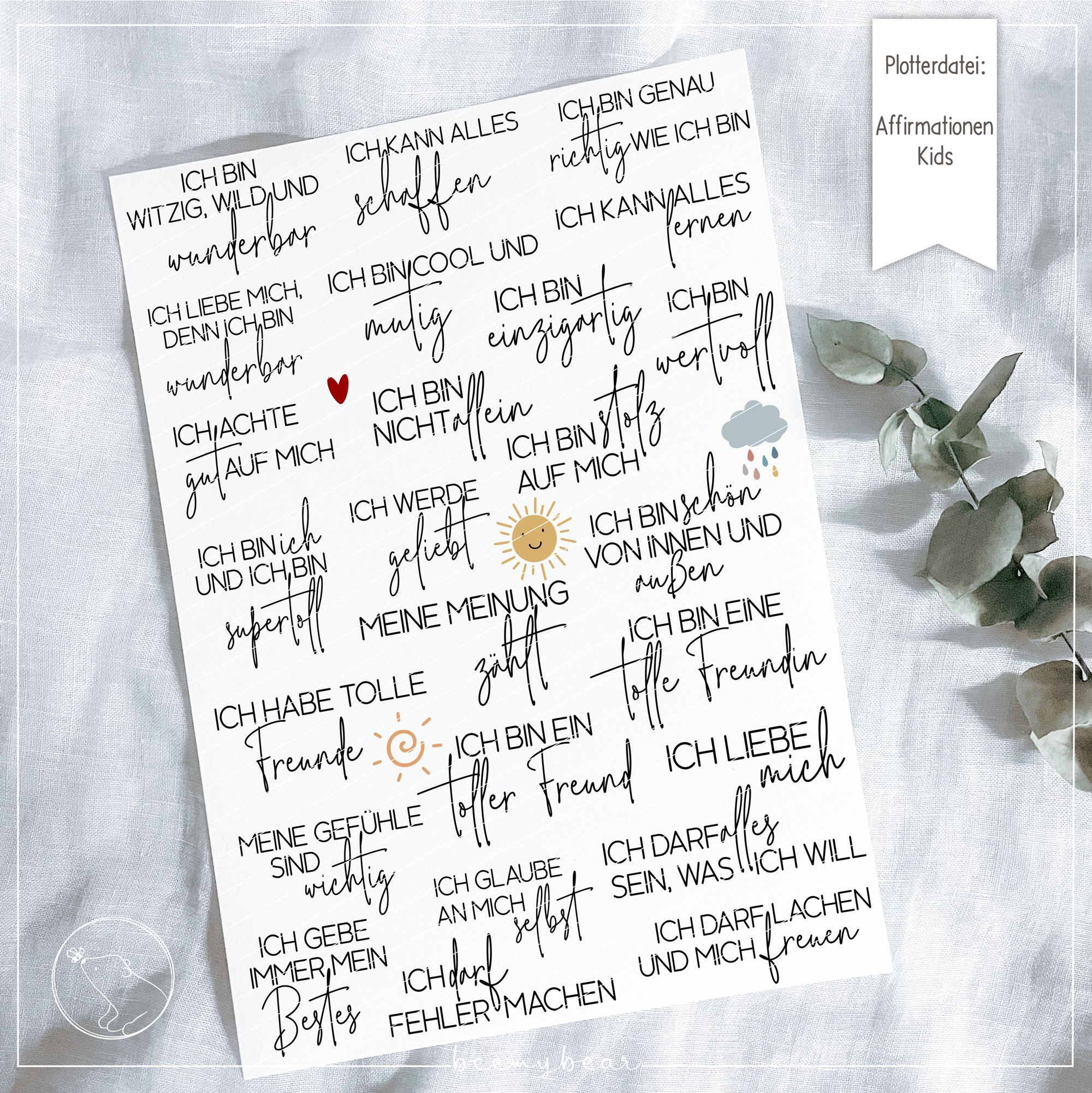 Plotterdatei Affirmation Kids – Stärkende und mutmachende Botschaften für Kinder und Teenager, gestaltet als SVG, DXF und PNG Dateien. Geeignet für Holzkarten, Schilder, Tassen und mehr