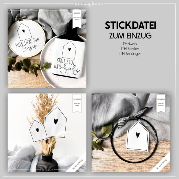 Stickdatei - ZUM EINZUG Redwork, ITH-Stecker, ITH-Anhänger [Digital]