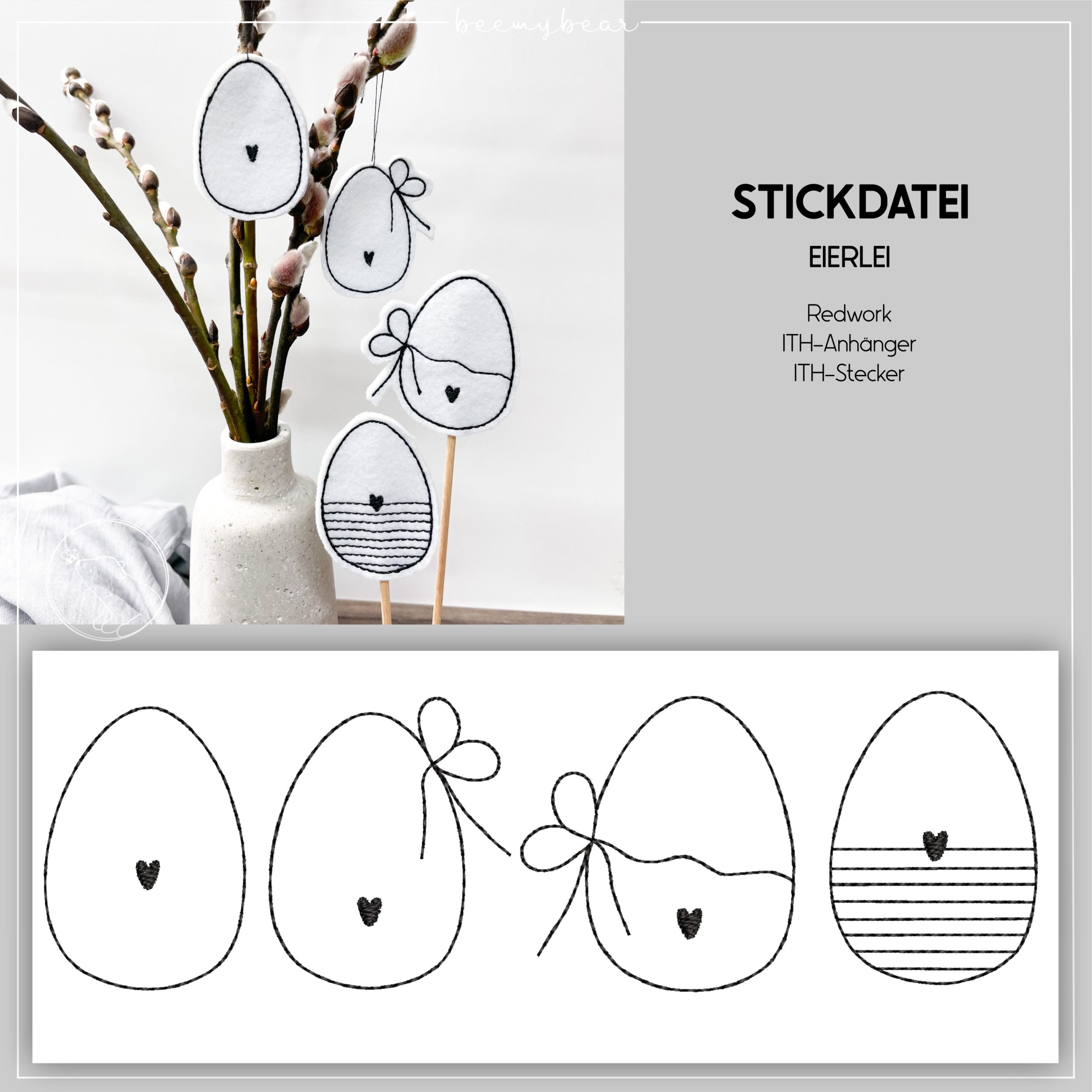 ITH Stickdatei Eierlei, Ostereier in Redwork als Anhänger und Stecker