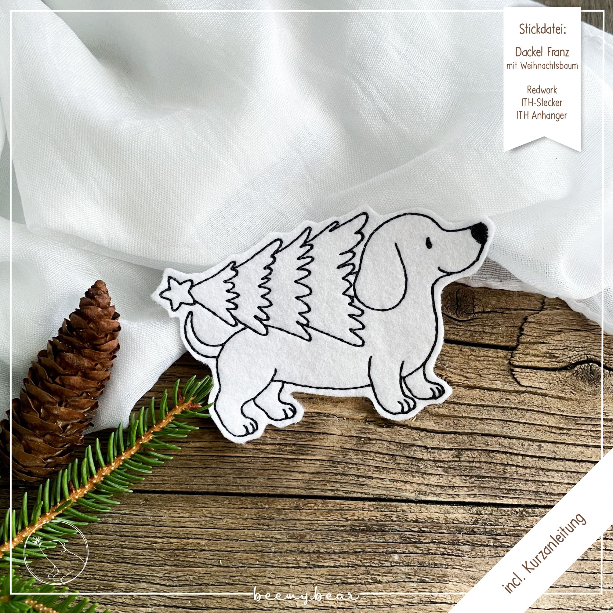 Stickdatei ITH Dackel Franz mit Weihnachtsbaum
