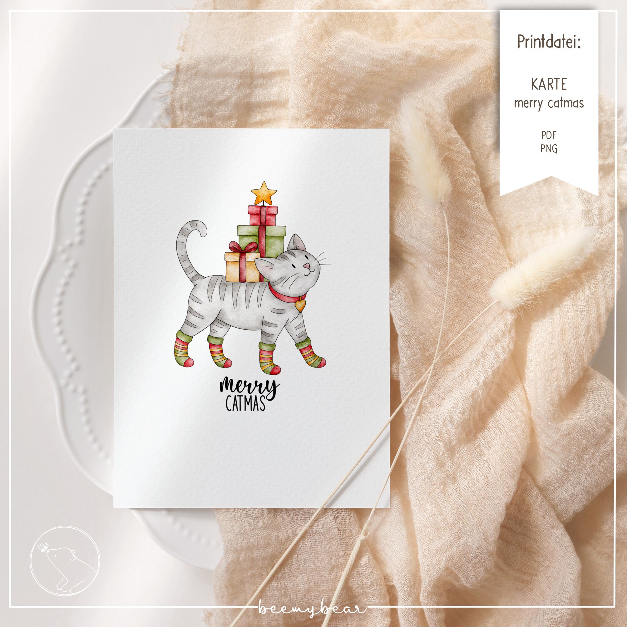 Printdatei Karte merry catmas